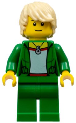 LEGO onderdeel Saxophone Player - Female, Green Jacket with Necklace, Green Legs, Tan Hair Tousled with Side Part, Black Eyebrows (cty0722)