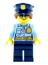 LEGO onderdeel Police - City Officer Female, Bright Light Blue Shirt with Badge and Radio, Dark Blue Legs, Dark Blue Police Hat, Sunglasses cty0732