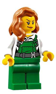 LEGO onderdeel Police - City Bandit Female with Green Overalls, Dark Orange Female Hair over Shoulder, Peach Lips Smirk (cty0745)