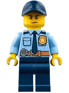 LEGO onderdeel Police - City Shirt with Dark Blue Tie and Gold Badge, Dark Tan Belt with Radio, Dark Blue Legs, Dark Blue Cap with Hole (cty0748)
