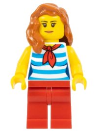 LEGO part Beachgoer - Female, Dark Azure and White Striped Shirt with Red Scarf, Red Legs, Dark Orange Hair cty0768