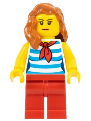 LEGO onderdeel Beachgoer - Female, Dark Azure and White Striped Shirt with Red Scarf, Red Legs, Dark Orange Hair (cty0768)