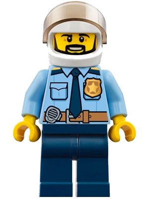 LEGO onderdeel Police - City Officer Shirt with Dark Blue Tie and Gold Badge, Dark Tan Belt with Radio, Dark Blue Legs, White Helmet, Black Beard (cty0776)