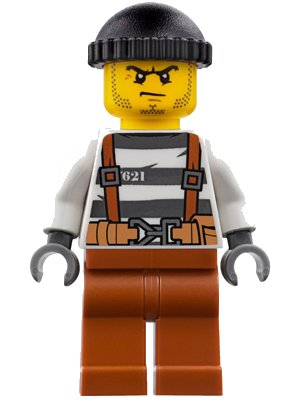 LEGO onderdeel Police - City Bandit Crook Overalls 621 Prison Stripes, Dark Orange Legs, Black Knit Cap, Beard Stubble and Scowl (cty0777)