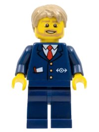 LEGO part City Bus Driver - Dark Blue Suit with Train Logo, Dark Tan Short Tousled Hair, Beard cty0787