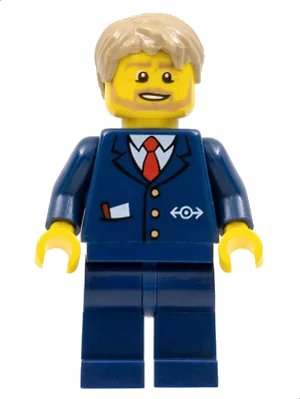 LEGO onderdeel City Bus Driver - Dark Blue Suit with Train Logo, Dark Tan Short Tousled Hair, Beard (cty0787)
