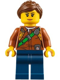 LEGO part City Jungle Explorer Female - Dark Orange Shirt with Green Strap, Dark Blue Legs, Reddish Brown Ponytail and Swept Sideways Fringe cty0791
