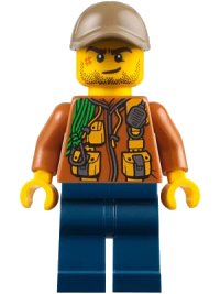 LEGO part City Jungle Explorer - Dark Orange Jacket with Pouches, Dark Blue Legs, Dark Tan Cap with Hole, Crooked Smile and Scar cty0795