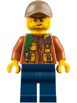 LEGO onderdeel City Jungle Explorer - Dark Orange Jacket with Pouches, Dark Blue Legs, Dark Tan Cap with Hole, Crooked Smile and Scar (cty0795)