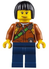LEGO onderdeel City Jungle Explorer Female - Dark Orange Shirt with Green Strap, Dark Blue Legs, Black Bob Cut Hair, Peach Lips Lopsided Smile cty0806