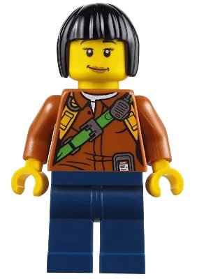 LEGO onderdeel City Jungle Explorer Female - Dark Orange Shirt with Green Strap, Dark Blue Legs, Black Bob Cut Hair, Peach Lips Lopsided Smile (cty0806)