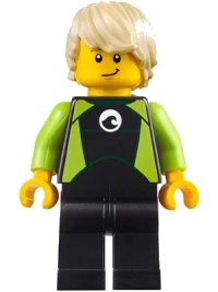 LEGO part Coast Guard City - Surfer in Black and Lime Wetsuit, Tan Wavy Hair cty0811