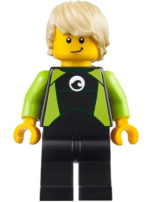 LEGO onderdeel Coast Guard City - Surfer in Black and Lime Wetsuit, Tan Wavy Hair (cty0811)
