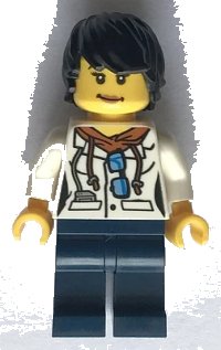LEGO onderdeel City Jungle Scientist Female - White Lab Coat with Sunglasses, Dark Blue Legs, Black Tousled Hair cty0814