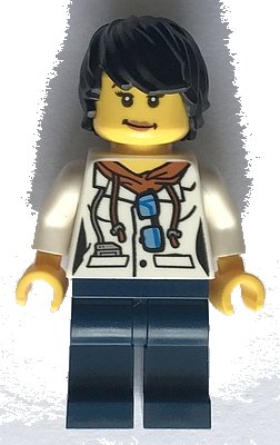 LEGO onderdeel City Jungle Scientist Female - White Lab Coat with Sunglasses, Dark Blue Legs, Black Tousled Hair (cty0814)