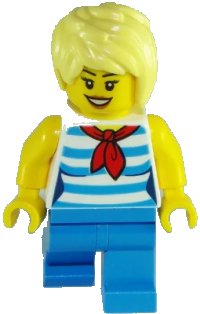 LEGO onderdeel Ice Cream Vendor - Female, Dark Azure and White Striped Shirt with Red Scarf, Dark Azure Legs, Bright Light Yellow Short Tousled Hair with Side Part cty0938