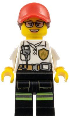 LEGO onderdeel Fire - Female White Shirt with Fire Logo Badge and Belt, Reflective Stripes on Black Legs, Red Cap with Ponytail (cty0970)