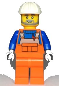 LEGO part Construction Worker - Male, Orange Overalls with Reflective Stripe and Buckles over Blue Shirt, Orange Legs, White Construction Helmet, Beard cty0971