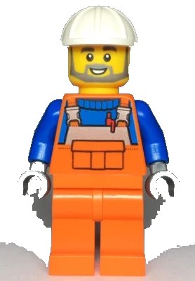 LEGO onderdeel Construction Worker - Male, Orange Overalls with Reflective Stripe and Buckles over Blue Shirt, Orange Legs, White Construction Helmet, Beard (cty0971)