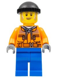 LEGO part Snow Groomer Operator - Male, Orange Safety Jacket, Reflective Stripe, Sand Blue Hoodie, Blue Legs, Black Knit Cap, Moustache and Sideburns cty0990