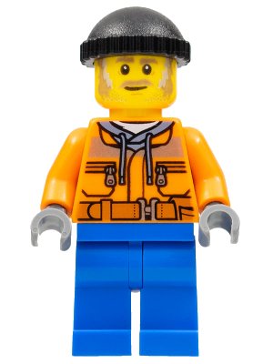 LEGO onderdeel Snow Groomer Operator - Male, Orange Safety Jacket, Reflective Stripe, Sand Blue Hoodie, Blue Legs, Black Knit Cap, Moustache and Sideburns (cty0990)