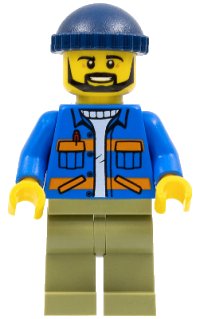 LEGO part Dock Worker, Male, Blue Jacket with Diagonal Lower Pockets and Orange Stripes, Olive Green Legs, Dark Blue Knit Cap cty0996