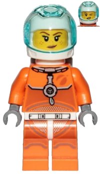 LEGO part Astronaut - Female, Orange Spacesuit with Dark Bluish Gray Lines, Trans Light Blue Large Visor, Freckles with Smirk and Winking cty1008