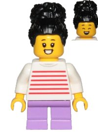 LEGO onderdeel Child - Girl, White Sweater with Red Horizontal Stripes, Medium Lavender Short Legs, Black Coiled Hair with Bun cty1019