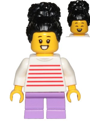 LEGO onderdeel Child - Girl, White Sweater with Red Horizontal Stripes, Medium Lavender Short Legs, Black Coiled Hair with Bun (cty1019)