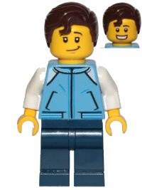 LEGO part Teenage Boy, Medium Blue Jacket, Dark Blue Legs, Dark Brown Hair Swept Right with Front Curl cty1021