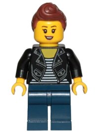 LEGO onderdeel Teenage Girl, Black Jacket and White Shirt with Black Stripes, Dark Blue Legs, Reddish Brown Hair Female Ponytail and Fringe cty1022