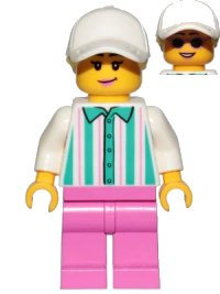LEGO part Ice Cream Vendor - Female, White Shirt with Dark Turquoise Stripes, Dark Pink Legs, White Cap with Bright Light Yellow Ponytail Hair, Sunglasses cty1026