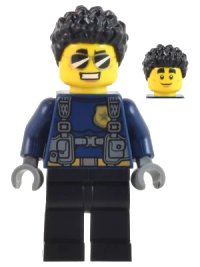 LEGO onderdeel Police Officer - Male, Dark Blue Shirt with Harness, Black Legs, Black Coiled Hair, Sunglasses (Duke DeTain) cty1042