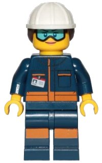 LEGO part Ground Crew Technician - Female, Dark Blue Jumpsuit, White Construction Helmet with Dark Brown Ponytail Hair, Light Blue Goggles cty1060