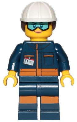 LEGO onderdeel Ground Crew Technician - Female, Dark Blue Jumpsuit, White Construction Helmet with Dark Brown Ponytail Hair, Light Blue Goggles (cty1060)