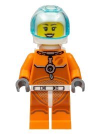 LEGO onderdeel Astronaut - Female, Orange Spacesuit with Dark Bluish Gray Lines, Trans Light Blue Large Visor, Open Mouth Smile cty1065