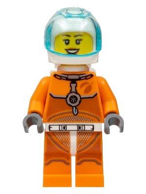 LEGO onderdeel Astronaut - Female, Orange Spacesuit with Dark Bluish Gray Lines, Trans Light Blue Large Visor, Open Mouth Smile (cty1065)