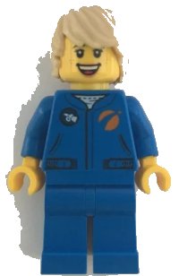 LEGO part Astronaut - Female, Blue Jumpsuit, Tan Hair Tousled with Side Part, Freckles, Open Mouth Smile cty1067