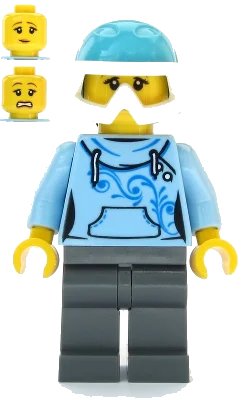 LEGO onderdeel Skier - Female, Bright Light Blue Hoodie, Medium Azure Ski Helmet, Ponytail (cty1088)