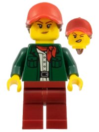 LEGO part Safari Tourist - Female, Dark Green Jacket, Dark Red Legs, Red Ball Cap with Reddish Brown Ponytail cty1099
