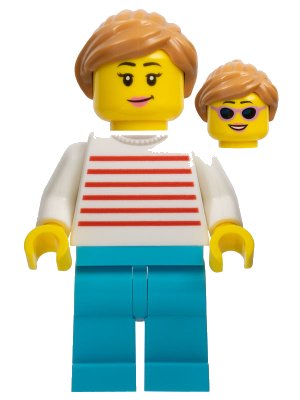 LEGO onderdeel Automobile Buyer - Female, White Sweater with Red Horizontal Stripes, Medium Azure Legs, Medium Nougat Hair with Ponytail, Sunglasses (cty1101)