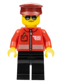 LEGO part Post Office - Airmail Letter Logo and Red Jacket with Zipper, Dark Red Hat, Black Legs, Sunglasses cty1106