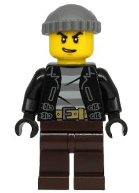 LEGO part Police - City Bandit Crook, Black Leather Jacket, Dark Bluish Gray Knit Cap, Dark Brown Legs cty1133