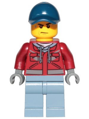 LEGO onderdeel Explorer - Male, Dark Red Hooded Sweatshirt, Dark Blue Cap, Frown, Sweat Drops (cty1172)