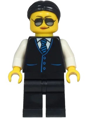 LEGO onderdeel Limousine Driver - Female, Black Vest with Blue Striped Tie, Black Legs, Black Hair, Sunglasses and Peach Lips (cty1212)