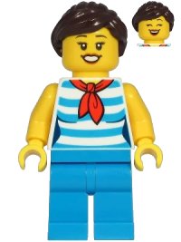 LEGO part Diner Employee - Female, Dark Azure and White Striped Shirt with Red Scarf, Dark Azure Legs, Dark Brown Ponytail cty1213