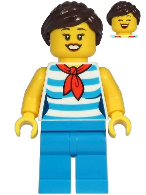 LEGO onderdeel Diner Employee - Female, Dark Azure and White Striped Shirt with Red Scarf, Dark Azure Legs, Dark Brown Ponytail (cty1213)