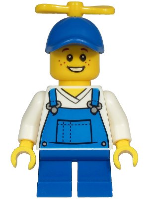 LEGO onderdeel Child - Boy, Blue Overalls over V-Neck Shirt, Blue Short Legs, Blue Cap with Yellow Tiny Propeller, Freckles (Billy McCloud) (cty1214)