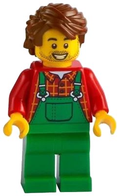 LEGO onderdeel Farmer - Overalls Green, Red Plaid Shirt, Reddish Brown Hair Swept Back Tousled (cty1227)