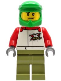 LEGO part Wheelchair Athlete - Male, White Jacket with 'XTREME' Logo, Olive Green Legs, Bright Green Dirt Bike Helmet cty1231